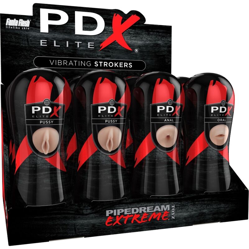 Caja expositora de PDX Elite con cuatro mangas masturbadoras negras y rojas.
