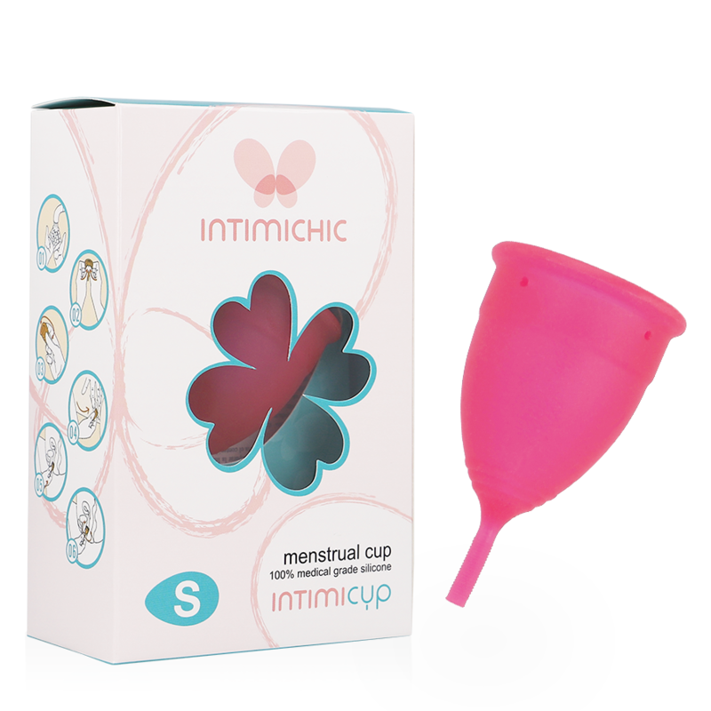Copa menstrual reutilizable INTIMICHIC talla S junto a su caja del producto.