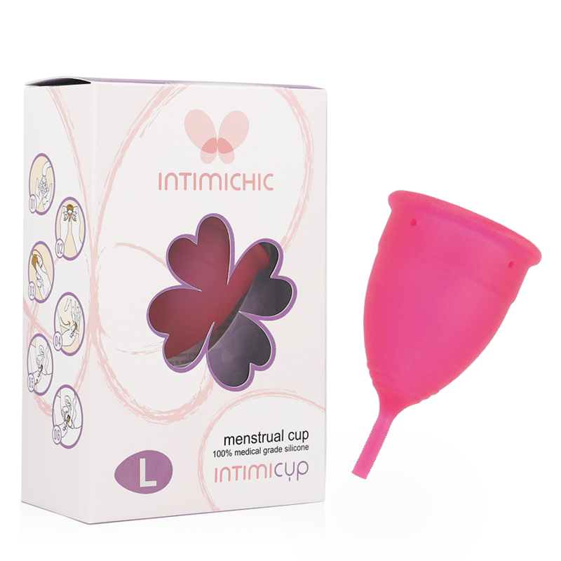 Copa menstrual INTIMICHIC rosa talla L junto a su caja del producto.