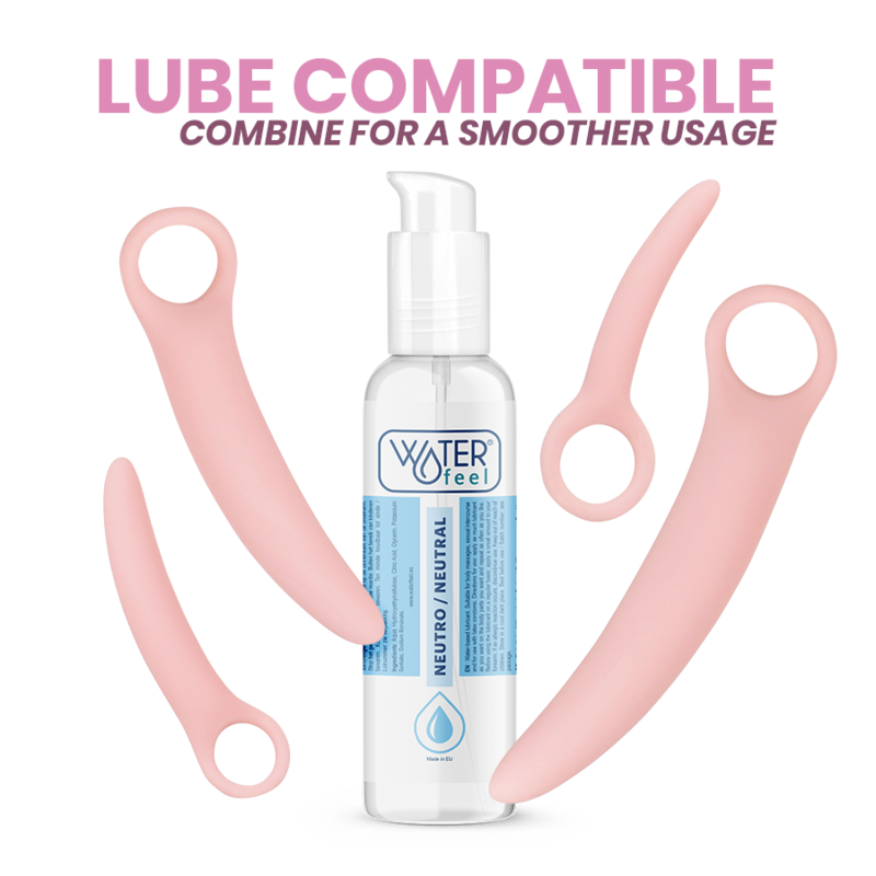 Set Intimichic de dilatadores vaginales rosas con un bote de lubricante en el centro y texto de compatibilidad.