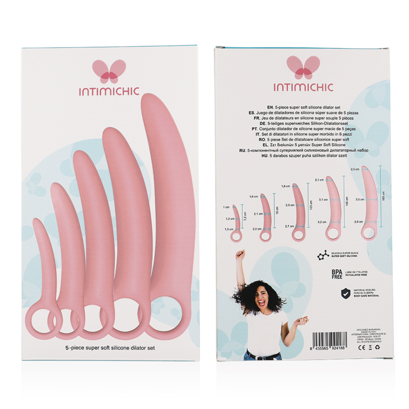 Caja del producto INTIMICHIC con cinco dilatadores rosados ilustrados, vista delantera y trasera.
