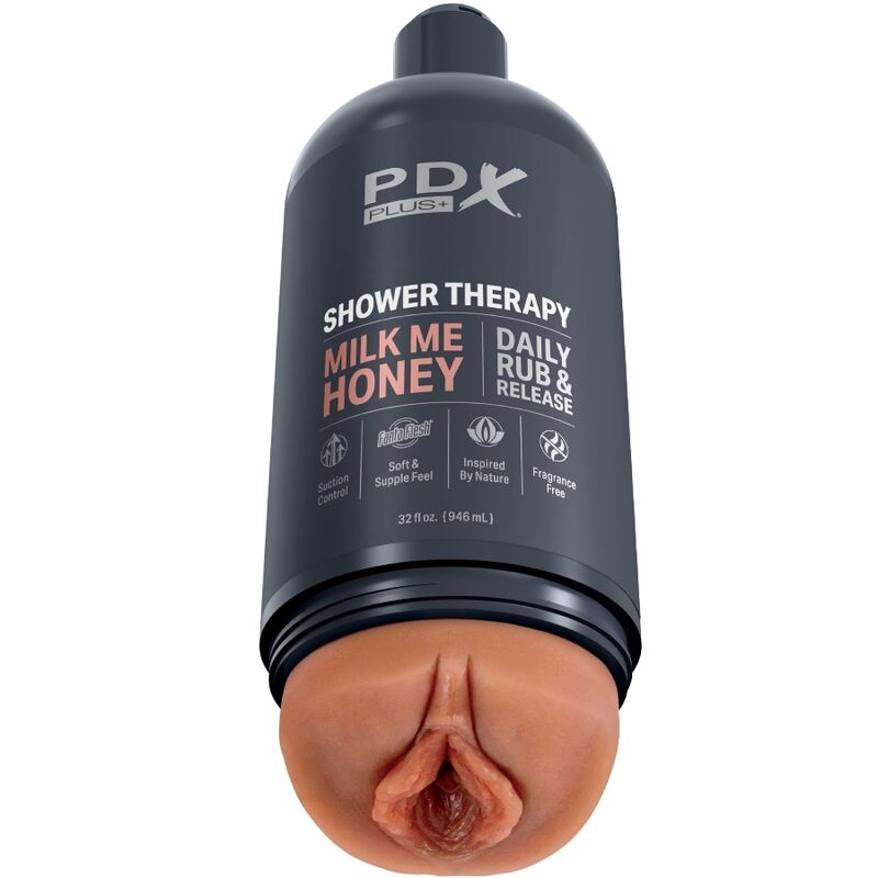 PDX Plus+ Shower Therapy en diseño discreto de botella con abertura color carne.