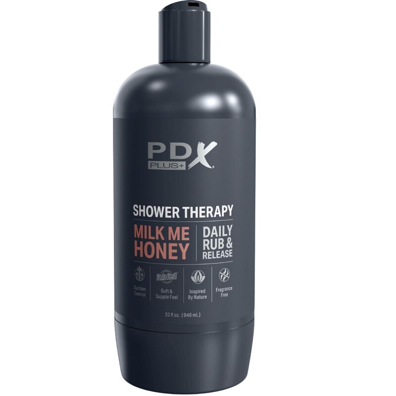 PDX PLUS+ Shower Therapy en botella negra, vista frontal con etiqueta visible.