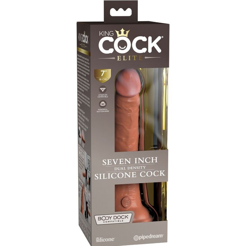 Caja del producto KING COCK Elite con ventana y consolador color caramelo visible
