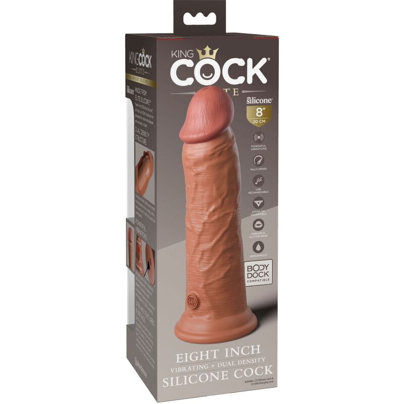 Caja del producto King Cock Elite con ilustración del consolador vibrador caramel.