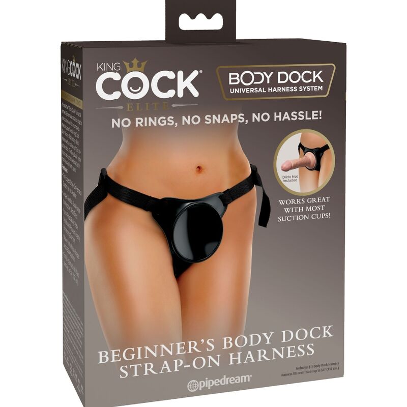 Caja del KING COCK Elite Body Dock con arnés negro ajustable.