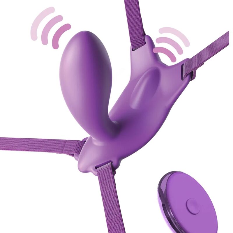 Fantasy For Her Ultimate G-Spot arnés tipo mariposa violeta con mando visible.