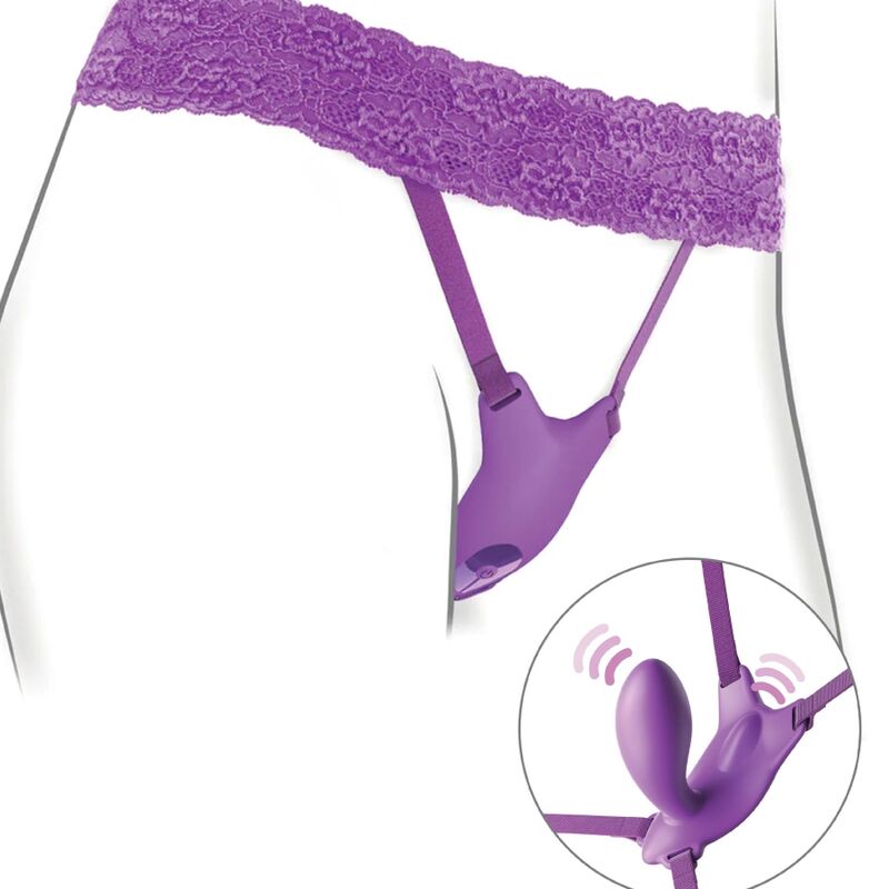 Detalle del arnés mariposa Fantasy For Her en violeta con cinturilla de encaje y vibrador.