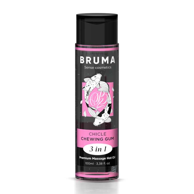BRUMA aceite de masaje Chicle 3 en 1 en botella negra, vista frontal.