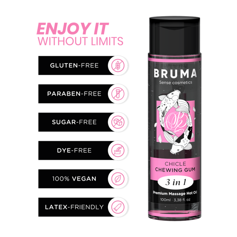 BRUMA Warming Massage Oil Chicle en botella negra y rosa, vista frontal.