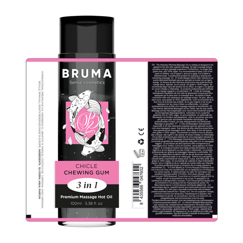 BRUMA Warming Massage Oil Chicle, caja del producto con botella negra y rosa.