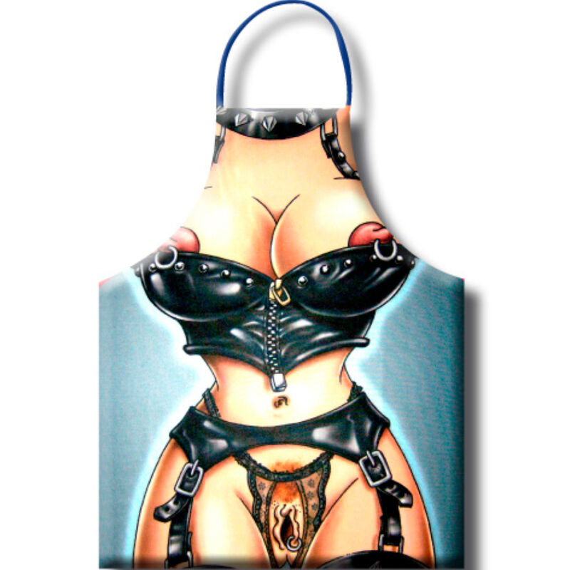 Delantal sado Diablo Picante con ilustración impresa y tira azul al cuello.