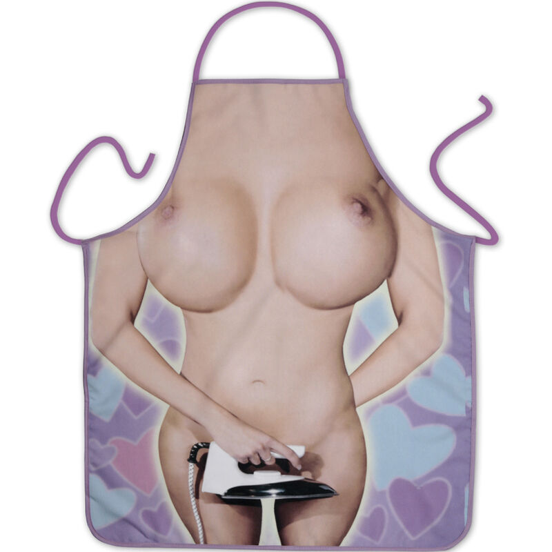 Delantal sexy DIABLO PICANTE con estampado de torso desnudo y borde lila.