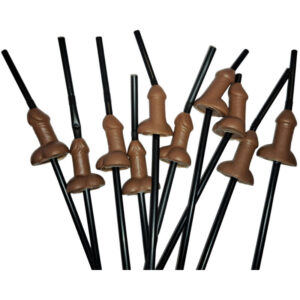 Pack de pajitas negras DIABLO PICANTE con forma de pene, varias unidades vistas juntas.