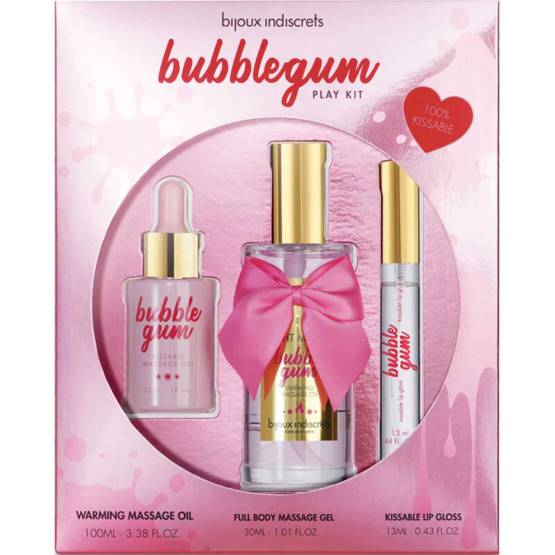 Caja del producto rosa del Bubblegum Play Kit de Bijoux Indiscrets con tres envases visibles.