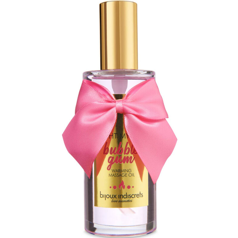 BIJOUX Love Cosmetiques Light My Fire, aceite de masaje Bubblegum con lazo rosa.