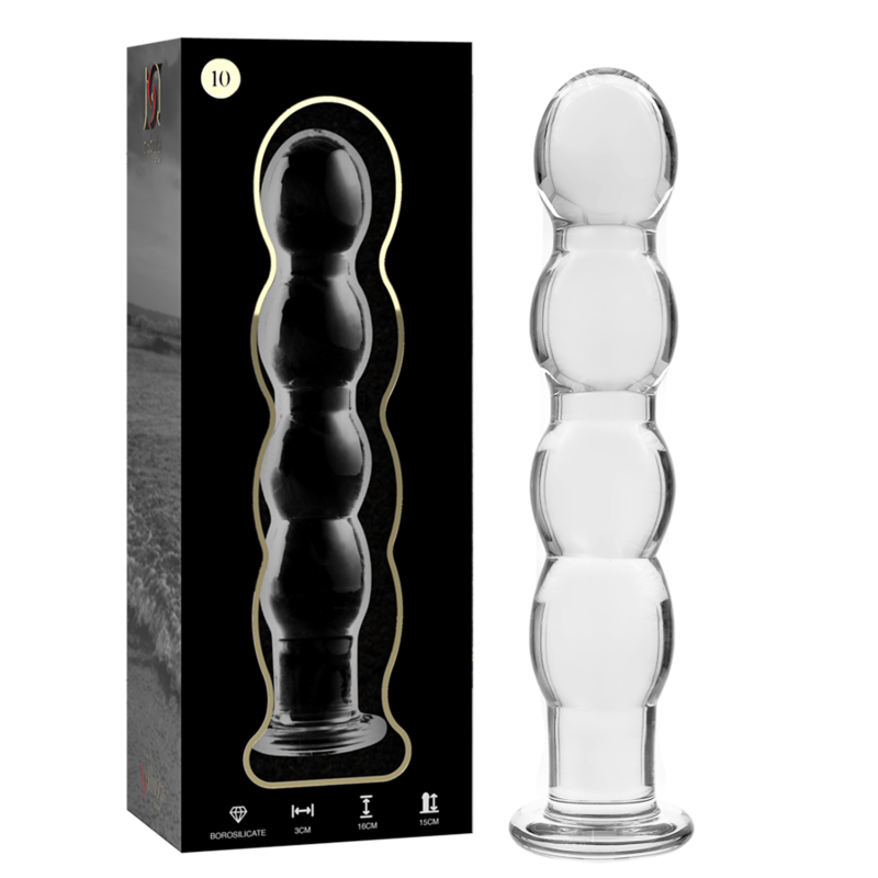 Tapón anal de vidrio Nebula Series by Ibiza Model 10 junto a su caja negra.