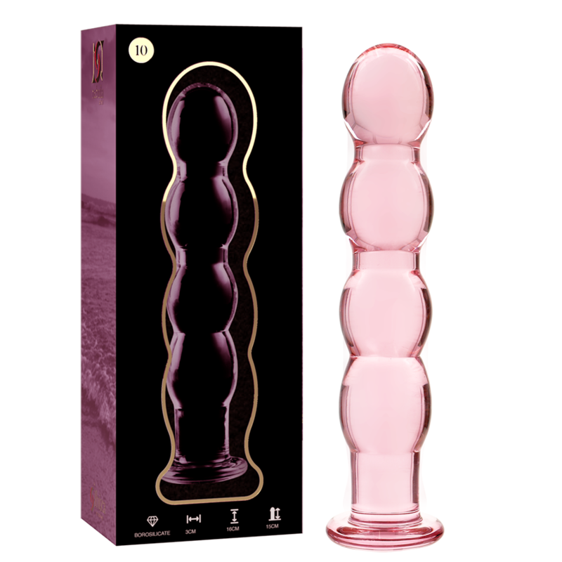 Tapón anal de vidrio rosa NEBULA Series by Ibiza, con la caja del producto al lado.