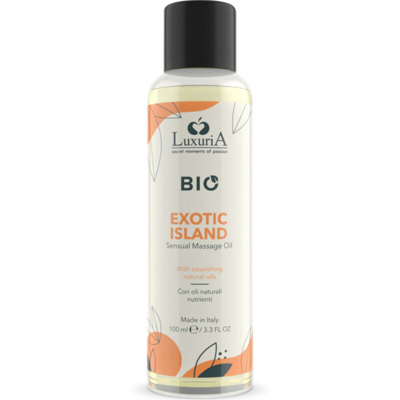 Aceite de masaje INTIMATELINE Luxuria BIO Exotic Island en botella de 100 ml con tapón negro.