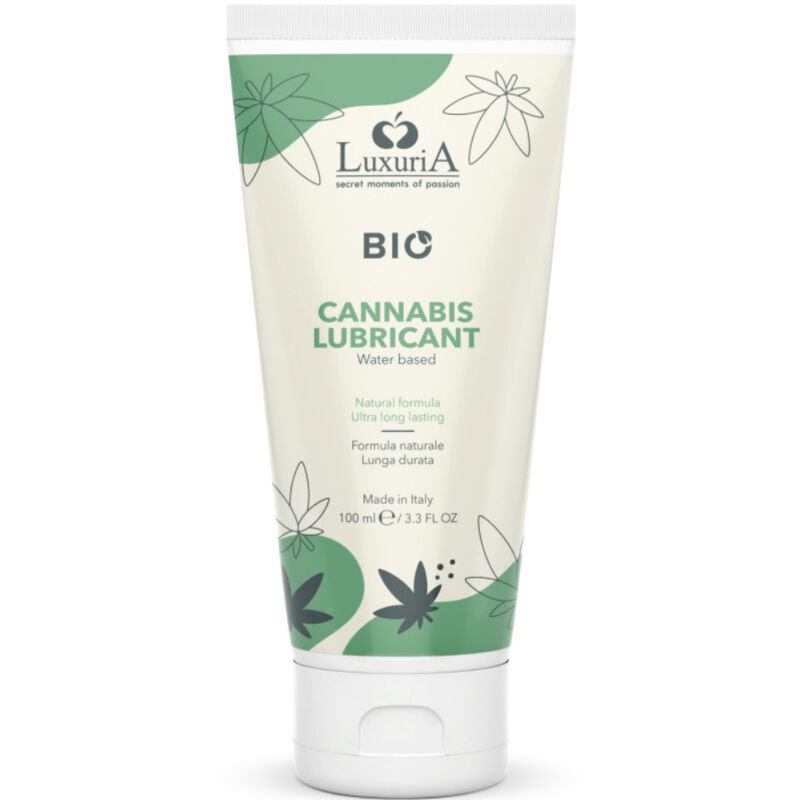 Intimateline Luxuria BIO lubricante cannabis, tubo verde y crema con tapón blanco.