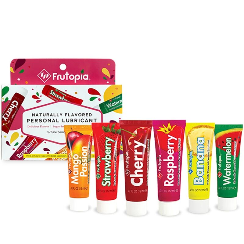 ID Frutopia lubricante surtido, cinco tubos de sabores con caja del producto.