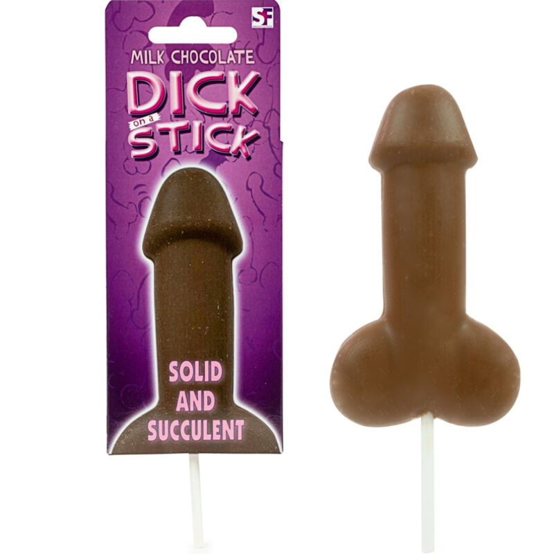 Piruleta de chocolate con leche Spencer & Fleetwood en forma de pene, con caja morada.