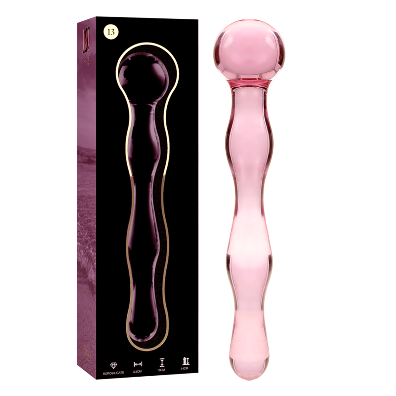 Dildo de cristal rosa transparente Nebula Series by Ibiza, con la caja del producto al lado.