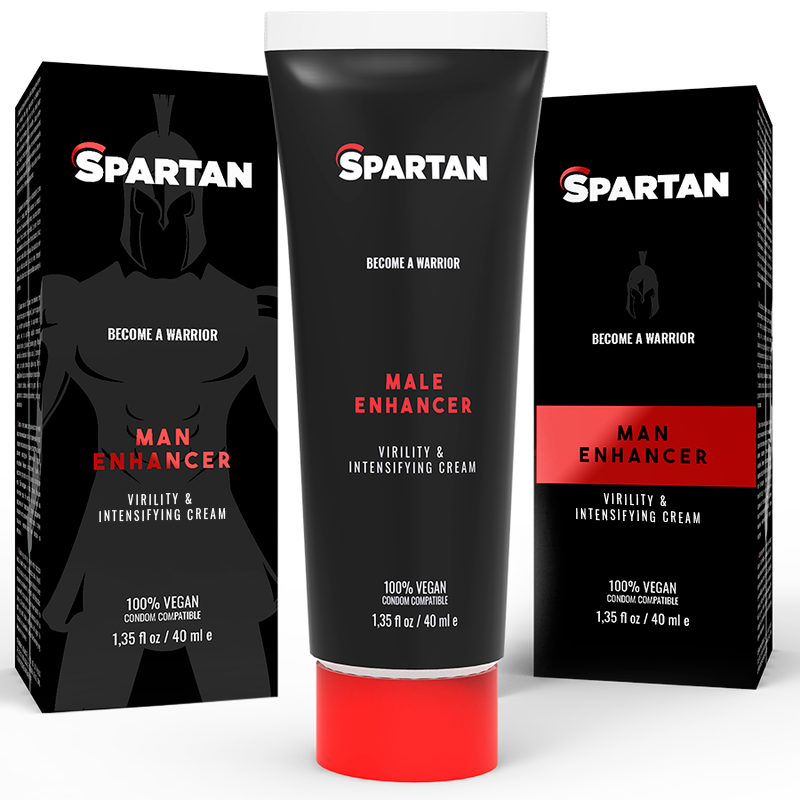 SPARTAN Male Enhancer en tubo negro con tapón rojo y caja del producto.