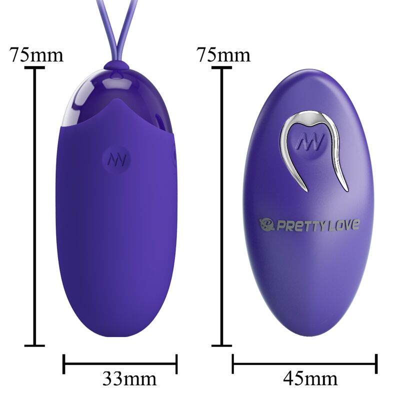 Guía de medidas del vibrador huevo Pretty Love Berger Youth violeta, con vistas frontal y trasera
