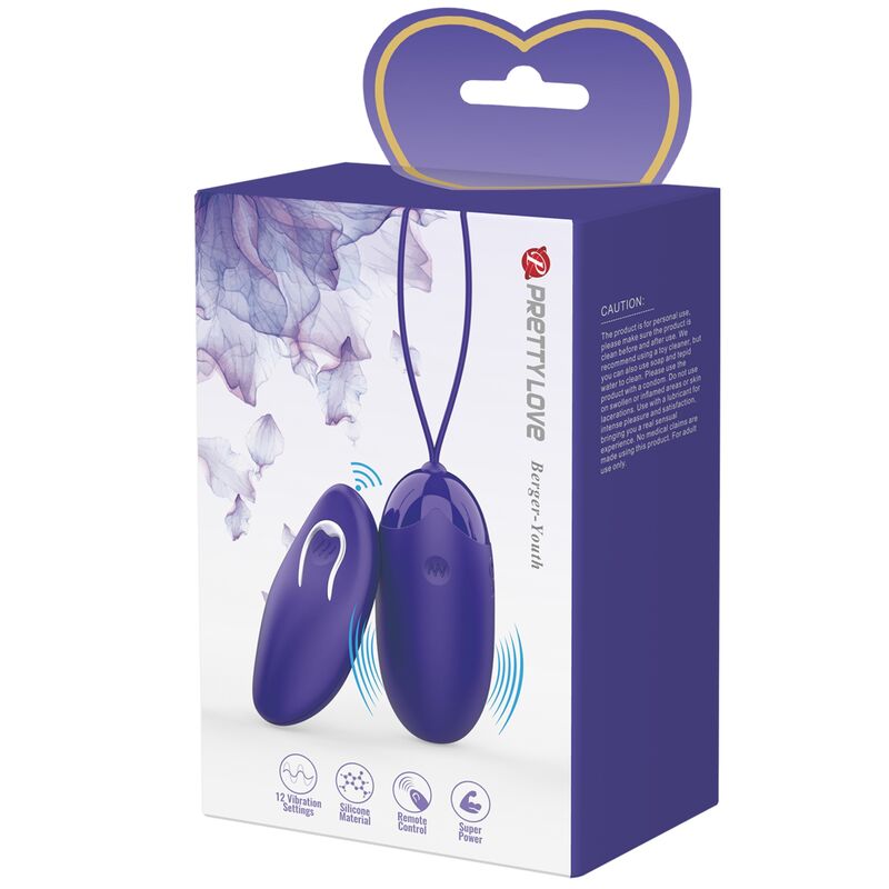 Caja del producto Pretty Love Berger Youth en violeta, con el vibrador huevo y el mando visibles en el frontal.
