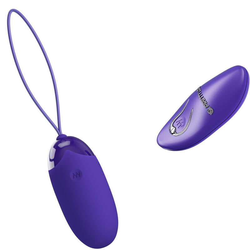 Pretty Love Berger Youth en violeta, con mando inalámbrico y detalle del huevo vibrador.