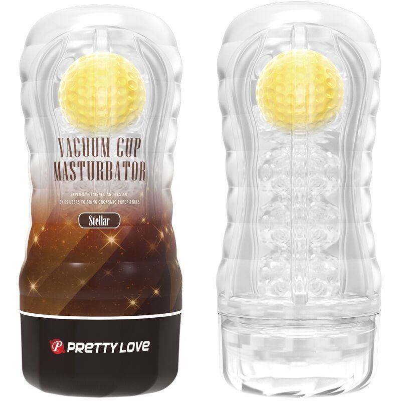 Pretty Love Stellar, masturbador sleeve transparente junto a su caja del producto.