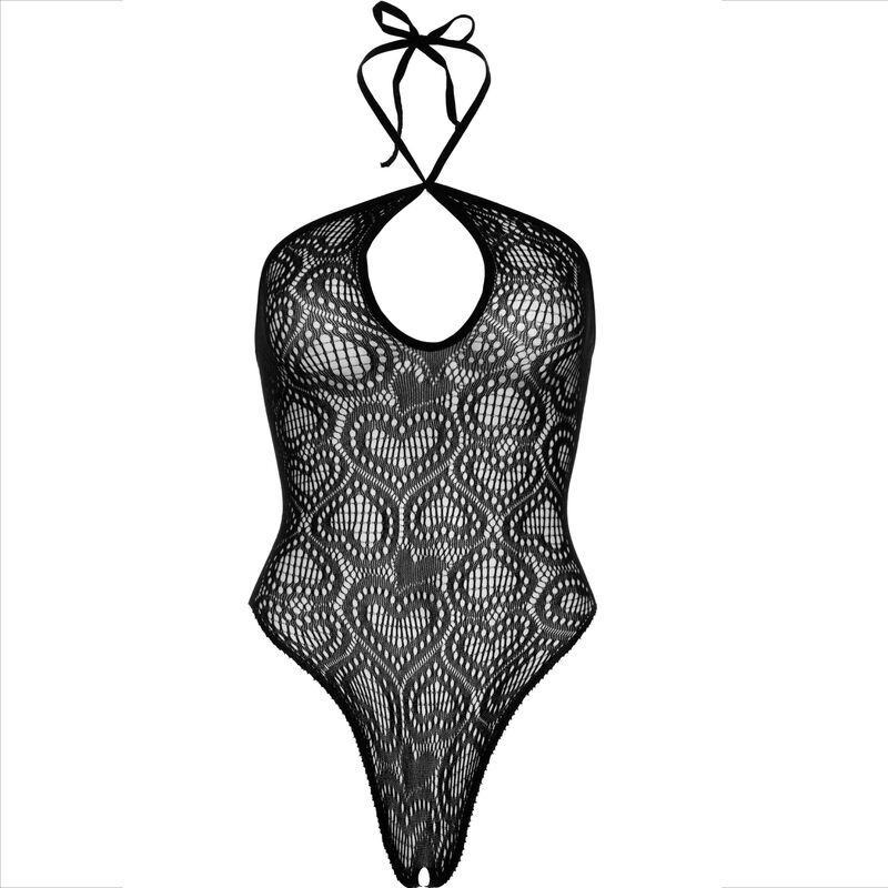 Body de encaje negro Leg Avenue con cuello halter y estampado de corazones.