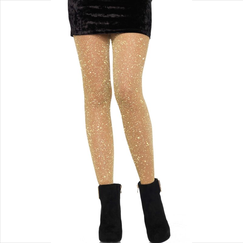 Leg Avenue Medias transparentes doradas con purpurina, vistas puestas con botas negras.