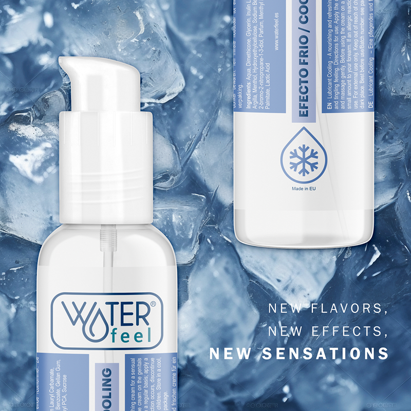 Lubricante refrescante Waterfeel con botella blanca y fondo azul helado.