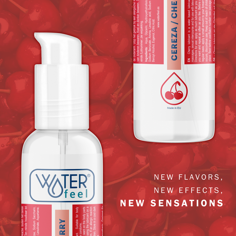Lubricante Waterfeel de cereza en bote blanco con dos vistas del envase.