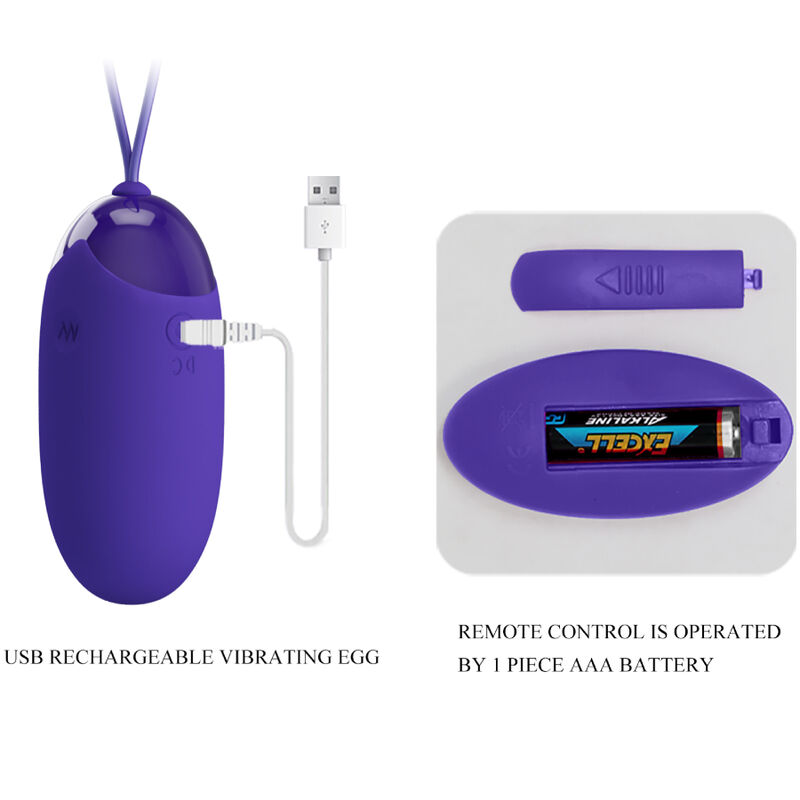 Detalle del vibrador huevo Pretty Love Berger Youth morado con cable USB y mando.