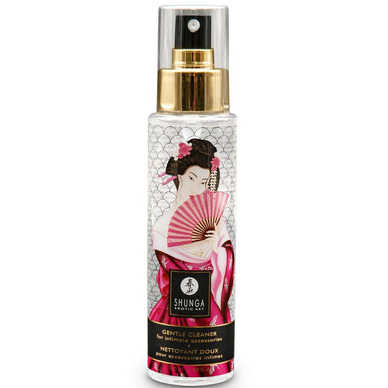 Limpiador suave en spray Shunga Bath Experience con frasco transparente y tapón dorado.