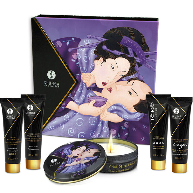 Kit Shunga Secret Geisha Frutas Exóticas con caja ilustrada, vela y cuatro tubos negros.