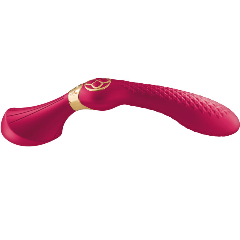 Shunga Zoa, masajeador íntimo rosa curvado con detalle texturizado y anillo dorado.