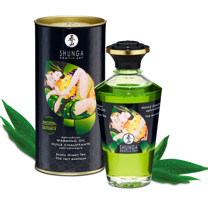 Aceite de masaje Shunga Té Verde con botella verde y caja cilíndrica.