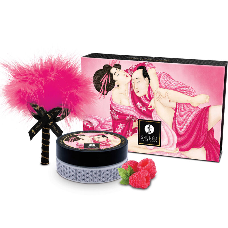 Kit Shunga Body Power con caja, tarro redondo y plumero rosa de frambuesa.