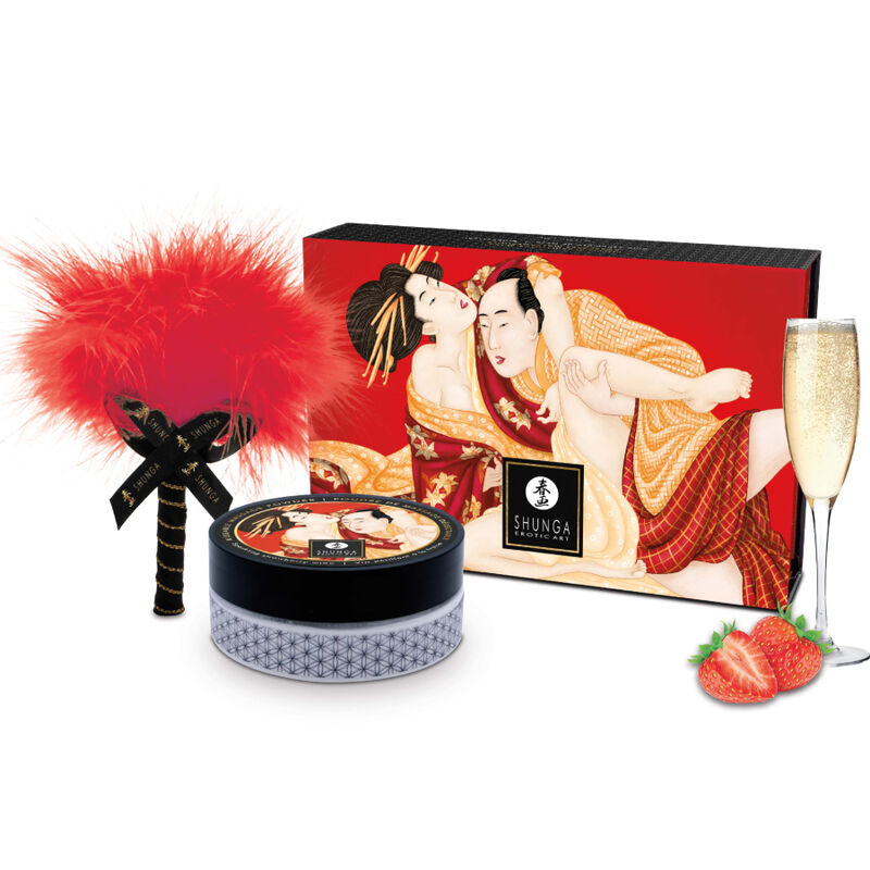 Kit Shunga de polvos de masaje comestible con tarro, pluma roja y caja de regalo con fresas.
