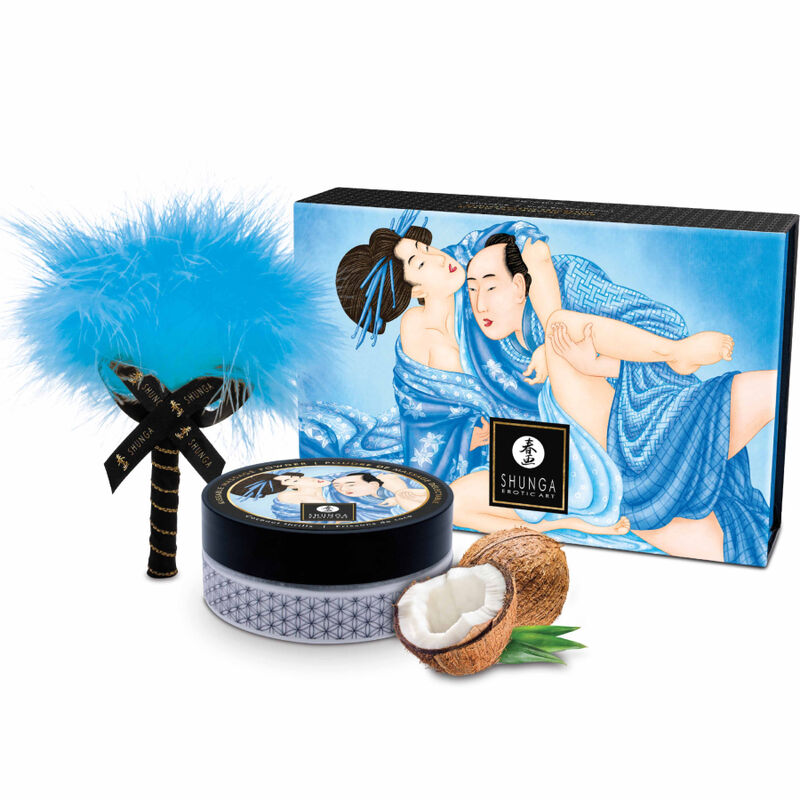 Kit Shunga Body Power de polvos de masaje comestible con aroma a coco, con tarro, caja y aplicador de plumas azules.