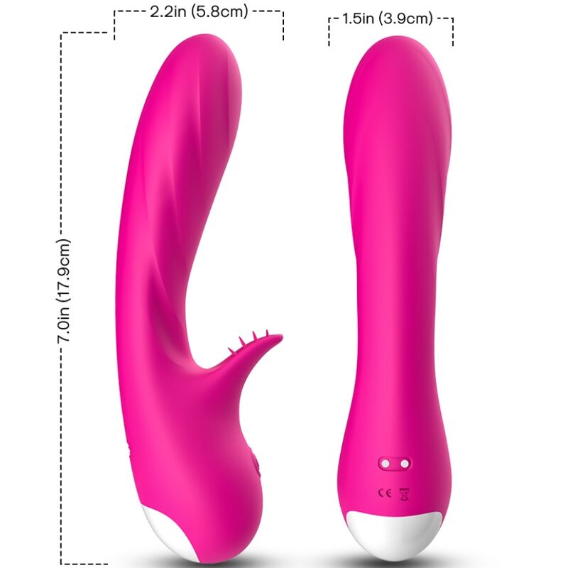 ARMONY Romance vibrador con estimulador fucsia, con medidas visibles