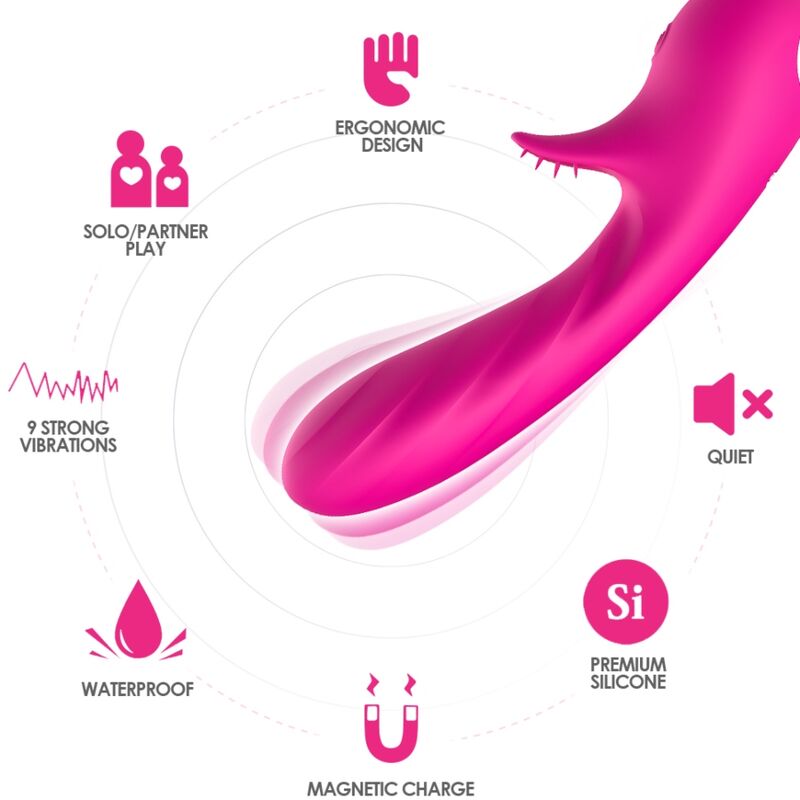 Vibrador ARMONY Romance fucsia con diseño ergonómico y detalles de carga magnética.