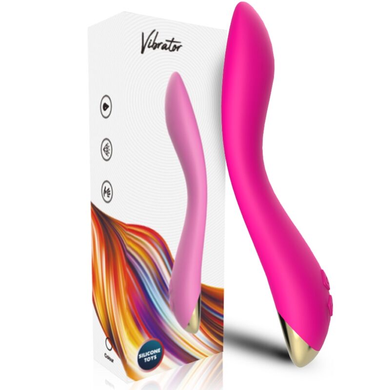 Vibrador multiposición ARMONY Flamingo en fucsia, con caja del producto visible.