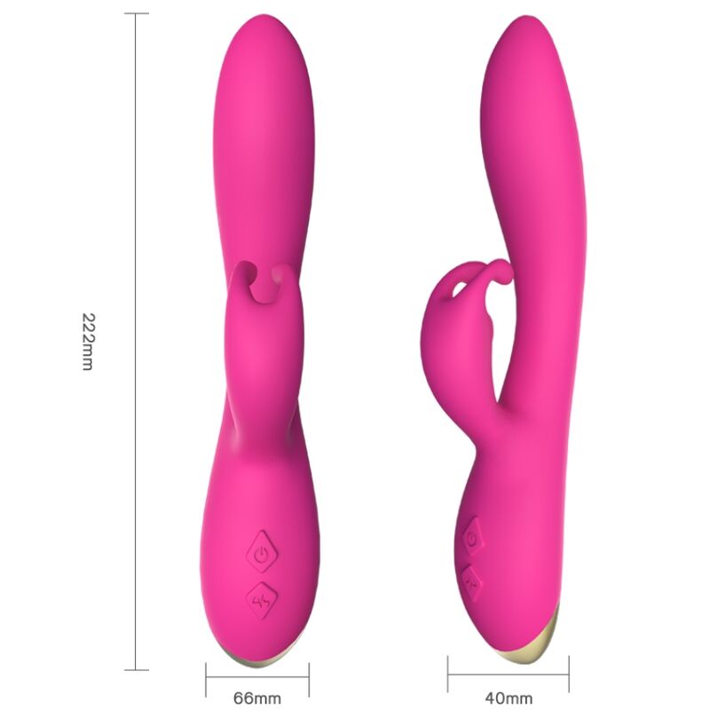 Guía de medidas del vibrador conejito ARMONY Bonnie fucsia, con vista frontal y lateral y medidas de 222 mm, 66 mm y 40 mm.