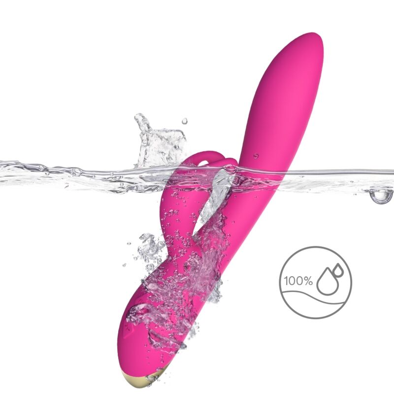 Detalle del vibrador conejito ARMONY Bonnie en fucsia, con salpicadura de agua y símbolo 100% resistente al agua.