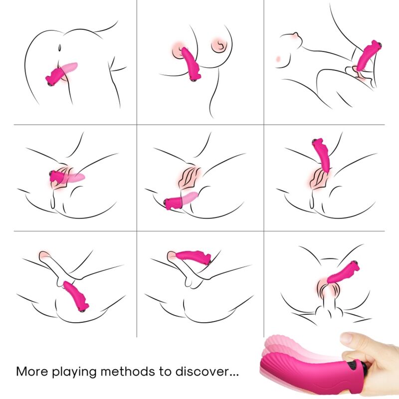 Diagrama del vibrador de dedo ARMONY Aurora fucsia en varias posiciones de uso.